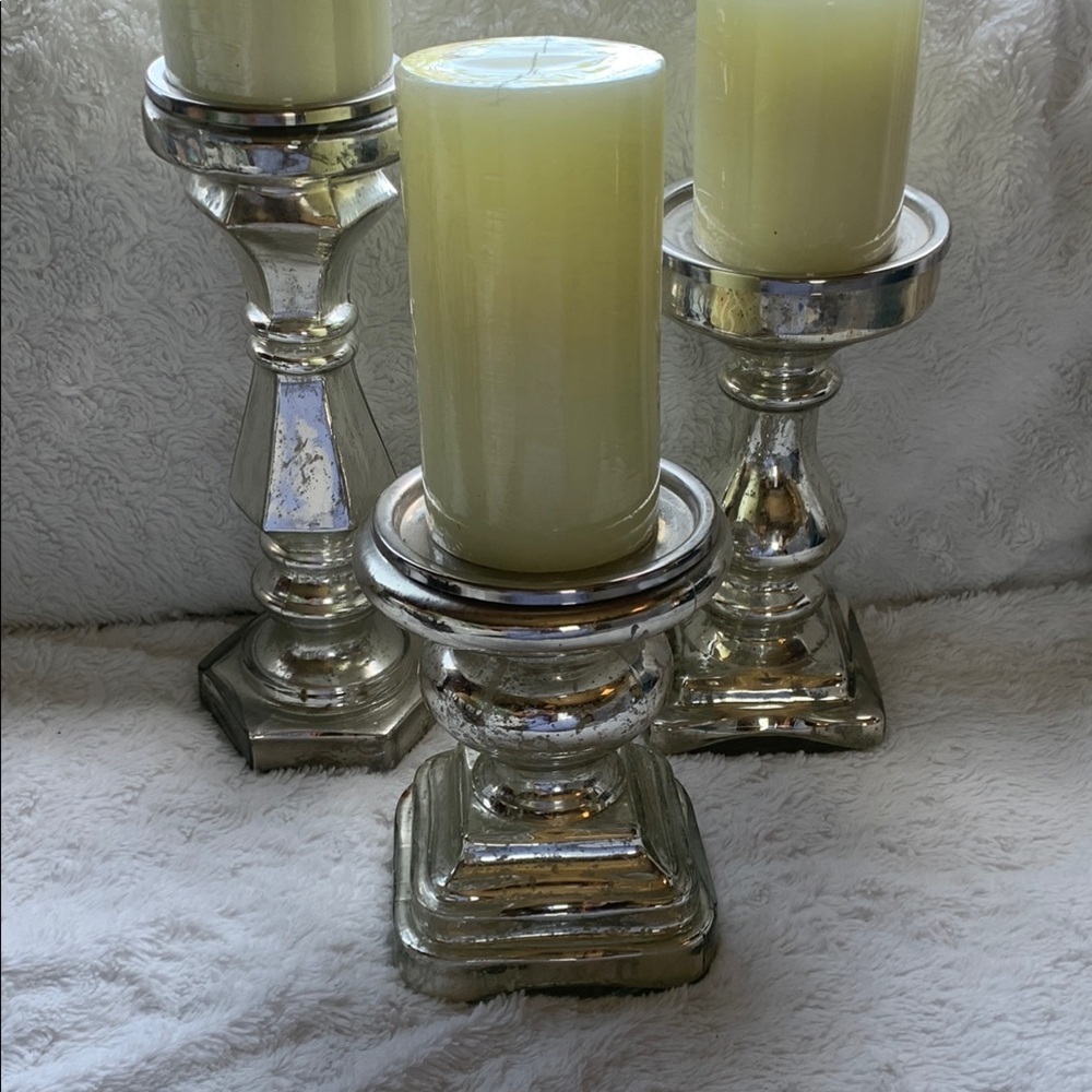 Mercury‎ glass Antiqued Mirror Chunky Candleholder set of 3 glam shabby chic